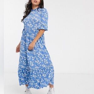ASOS Blue Daisy Floral Smock Midi Dress Ruffle Sleeve Size 8